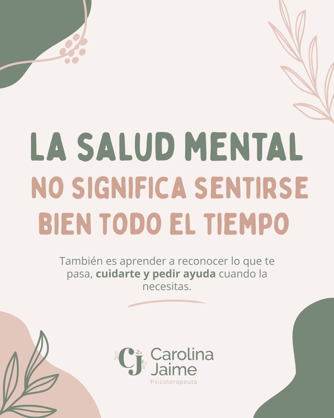 A veces creemos que estar bien significa sentirnos bien todo el tiempo.
Que si estamos ansiosos, tristes, cansados o atravesando un momento difícil, algo está fallando pero la salud mental no significa ausencia de emociones difíciles. 🌿

También tiene que ver con poder reconocer lo que nos pasa, comprender nuestras necesidades, encontrar maneras de afrontar aquello que estamos viviendo y saber cuándo necesitamos apoyo.

Habrá días en los que no tengamos la misma energía
Momentos en los que necesitaremos parar
Situaciones que nos van a doler
Y eso no significa que estemos haciendo algo mal

Cuidar nuestra salud mental también puede ser:
🤍 Poner un límite
🤍Hablar con alguien
🤍 Permitirnos descansar
🤍 Reconocer que algo nos está sobrepasando
🤍 Pedir ayuda cuando la necesitamos

No tenemos que esperar a estar al límite para empezar a cuidarnos

🌿 ¿Qué significa para ti cuidar tu salud mental?
Te leo.

 #saludmental #psicocarojaime #psicología #PsicologíaClínica #autocuidado